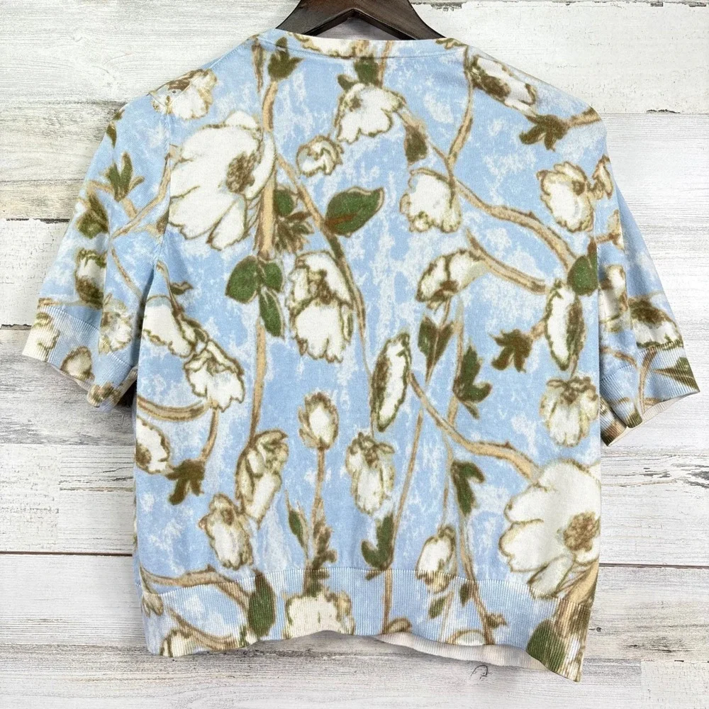 Talbots Floral Light Blue Beaded Short Sleeve‎ V Neck Cardigan Sweater XLP